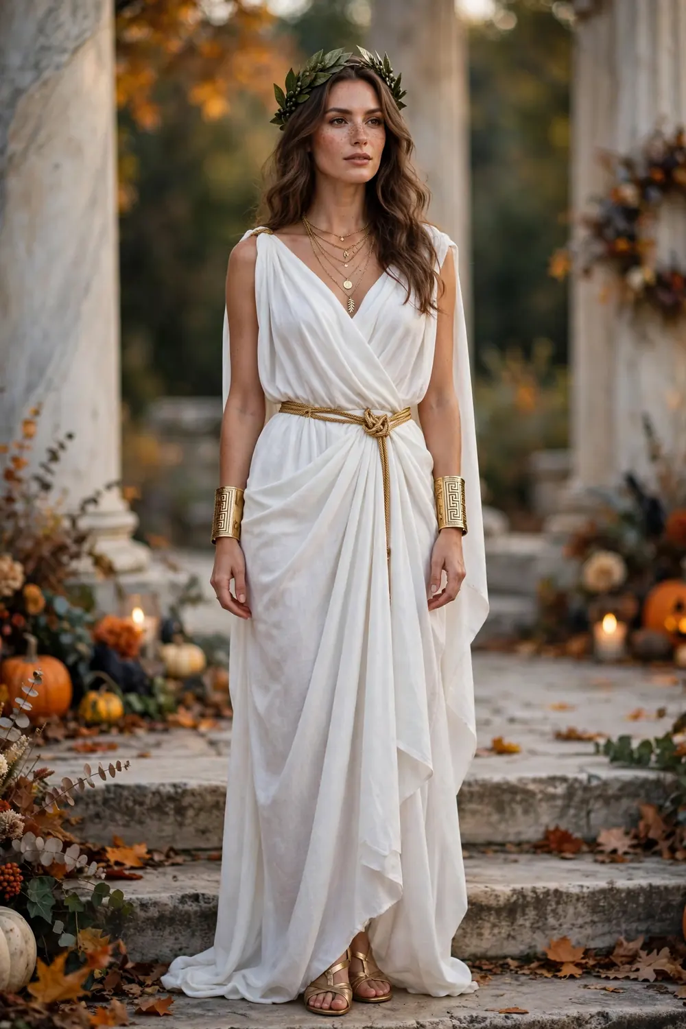 Woman dressed as a Greek goddess in a draped white gown with gold jewelry