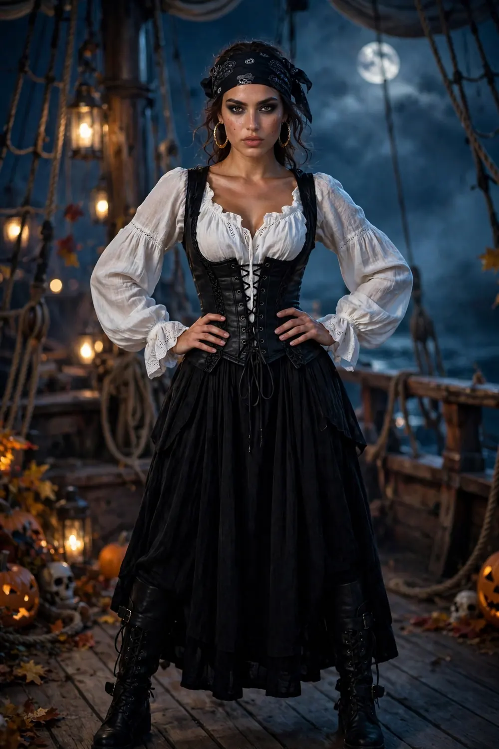 Woman dressed as a pirate queen with a bandana and hoop earrings