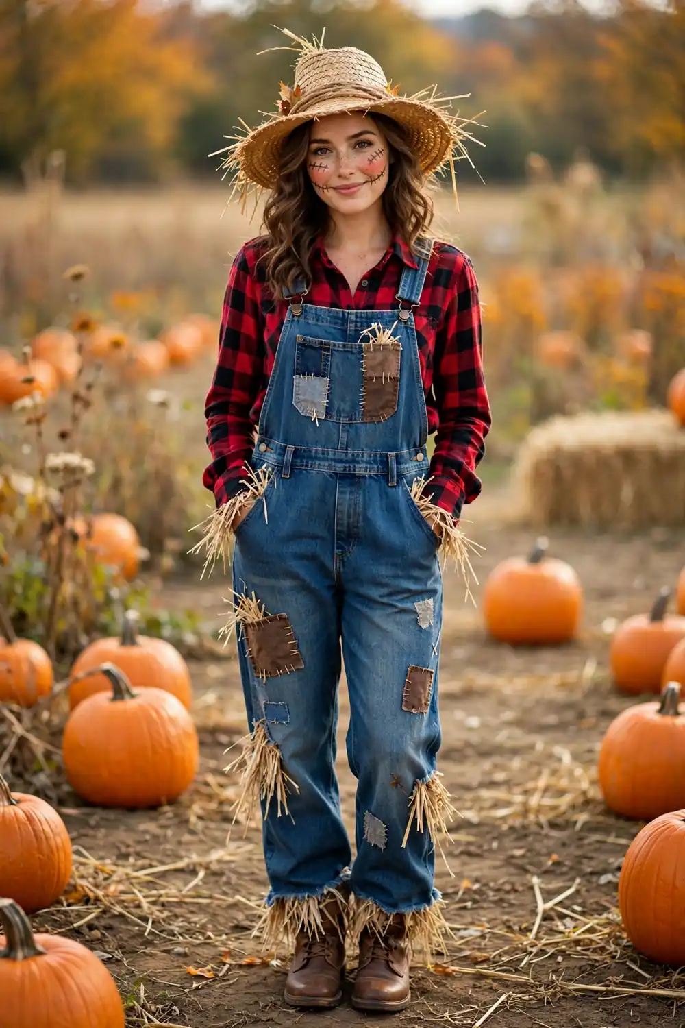 Woman dressed as a cute scarecrow in overalls and a plaid shirt with stitched cheek makeup