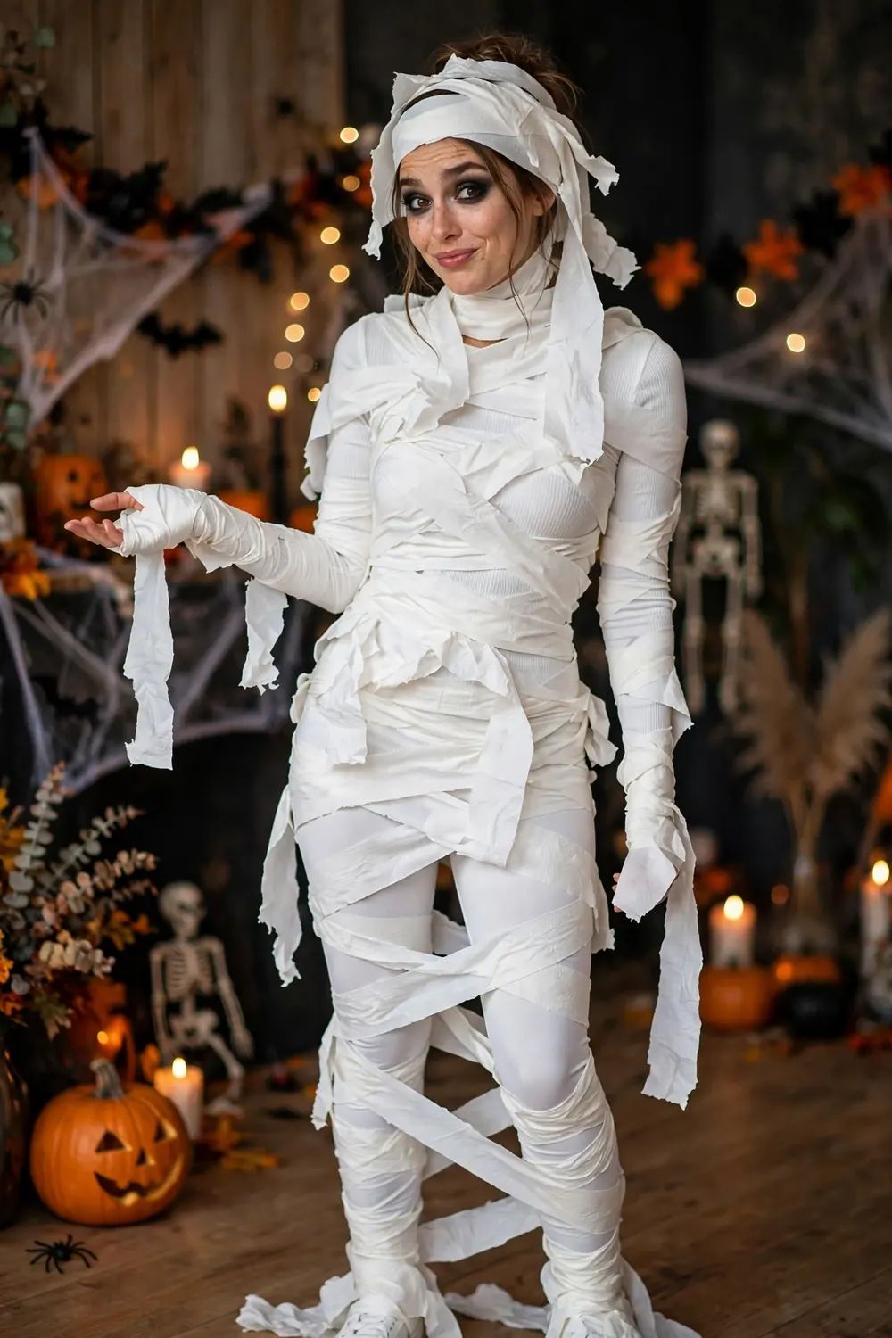Woman dressed as a funny mummy wrapped in toilet paper