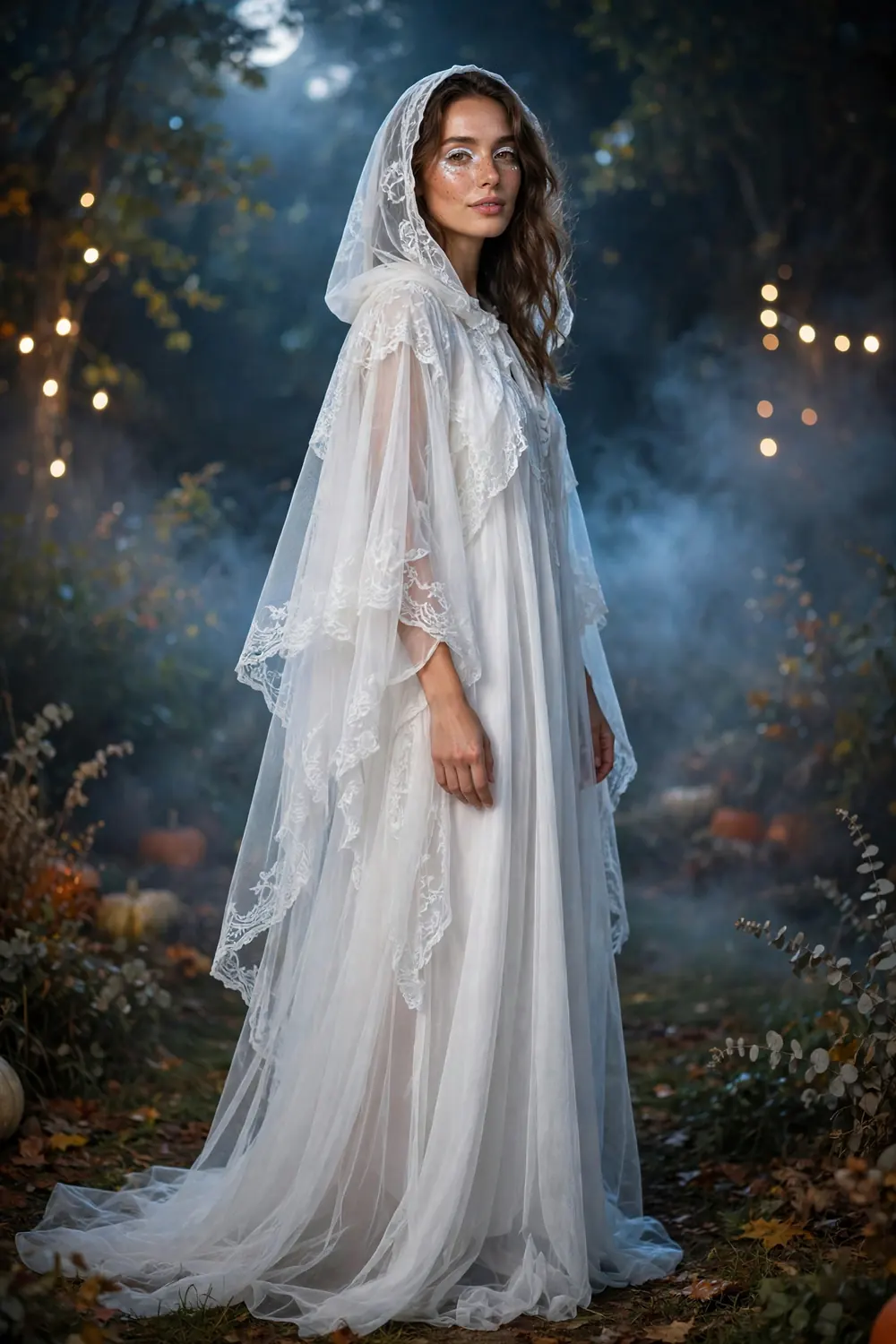 Woman dressed as an elegant ghost in flowing white layers