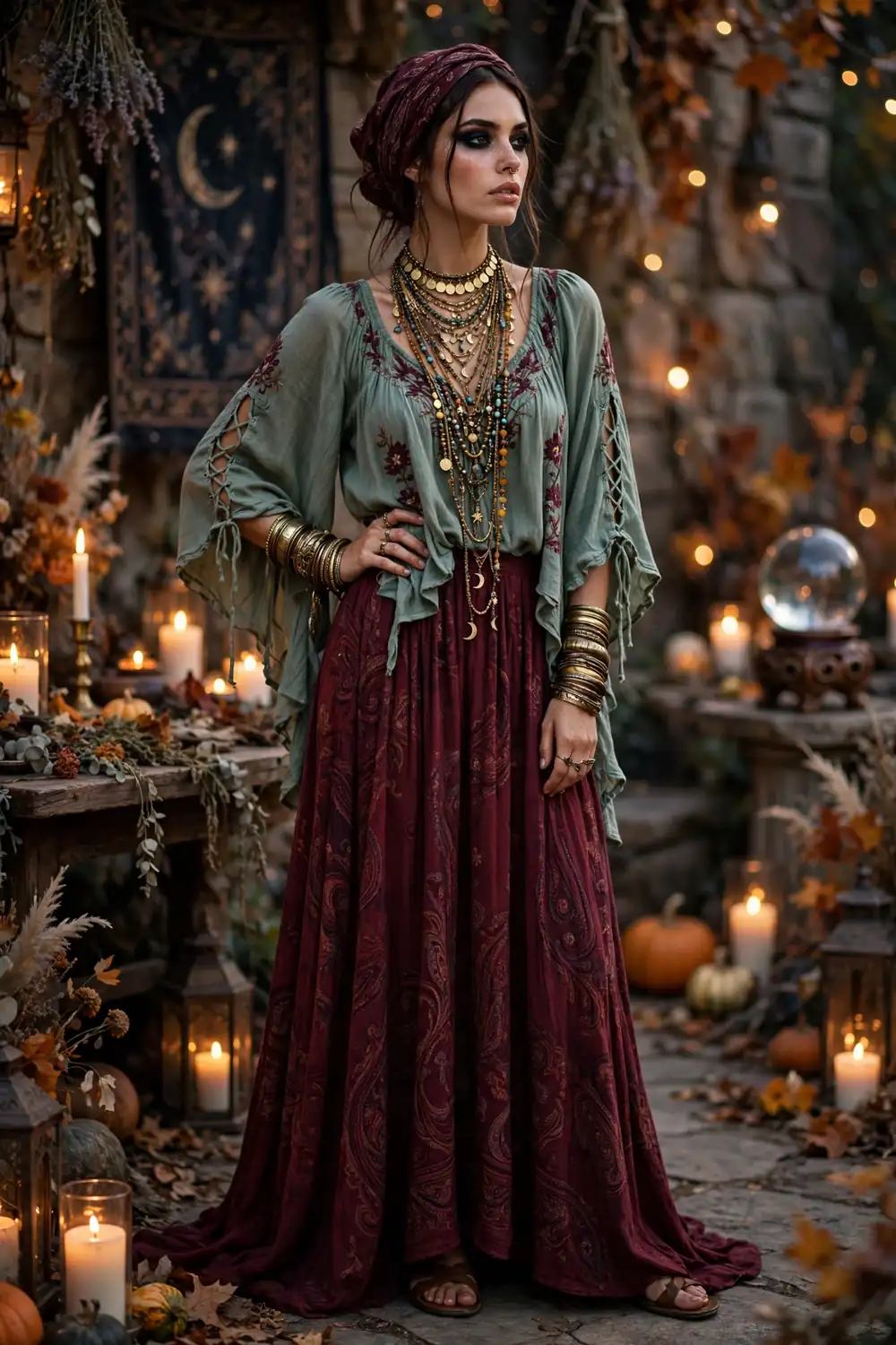 Woman dressed as a fortune teller in a flowy skirt with layered jewelry and headscarf