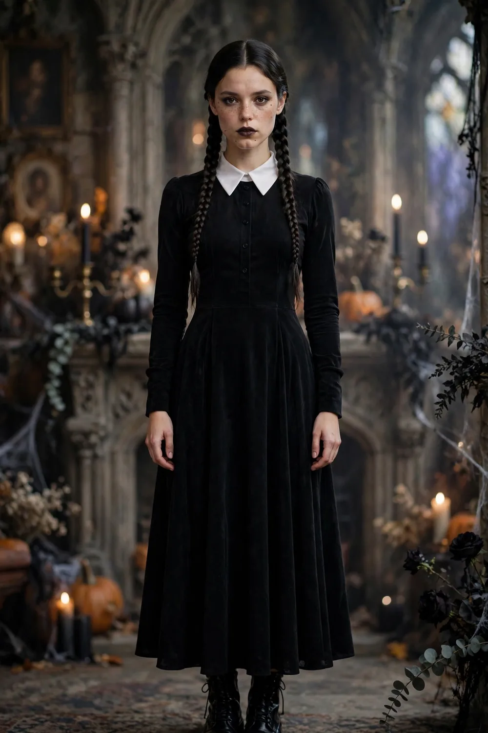 Woman dressed as Wednesday Addams in a black dress with braided hair