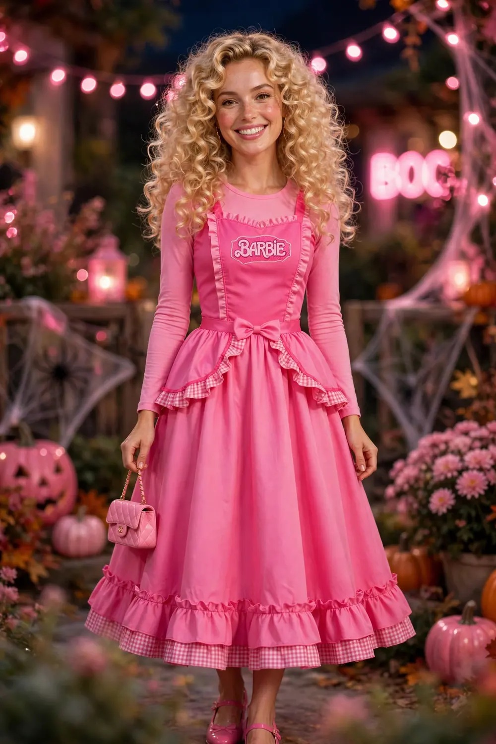 Woman dressed as a Barbie doll in a pink dress with bouncy curls