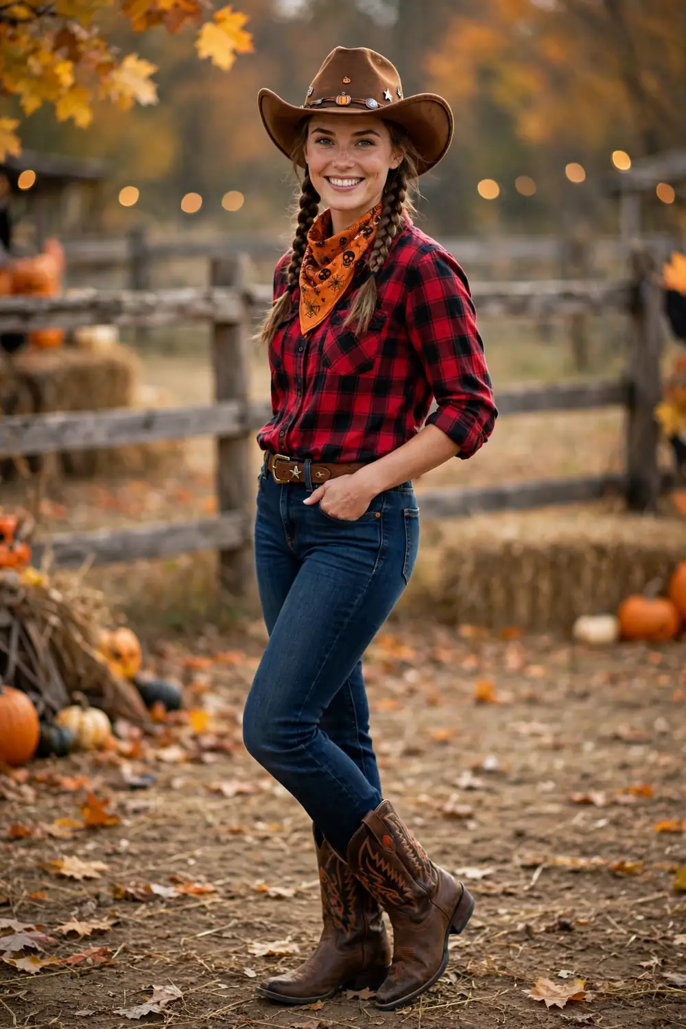 Woman dressed as a cowgirl in denim with a cowboy hat and boots