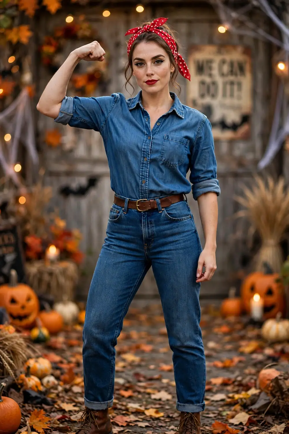 Woman dressed as Rosie the Riveter in a denim shirt with a red bandana