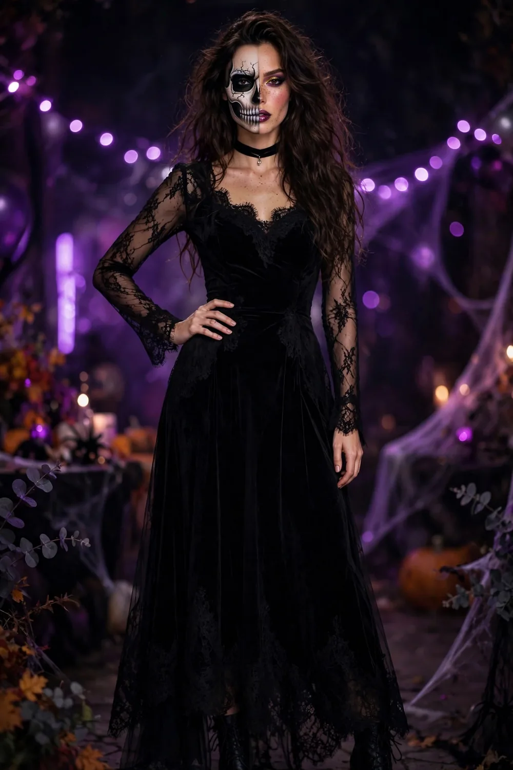 Woman with half skeleton face paint makeup wearing an all black outfit