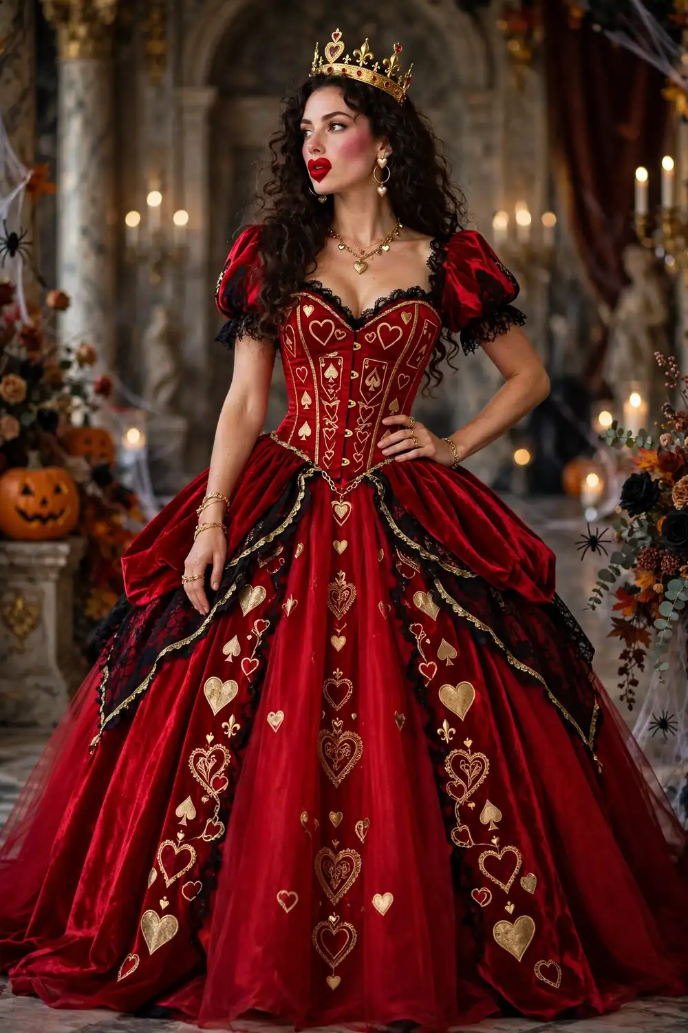 Woman dressed as the Queen of Hearts in a dramatic red dress with a crown