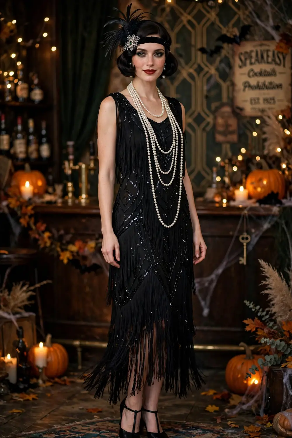 Woman dressed as a 1920s flapper girl in a fringed dress with a feather headband
