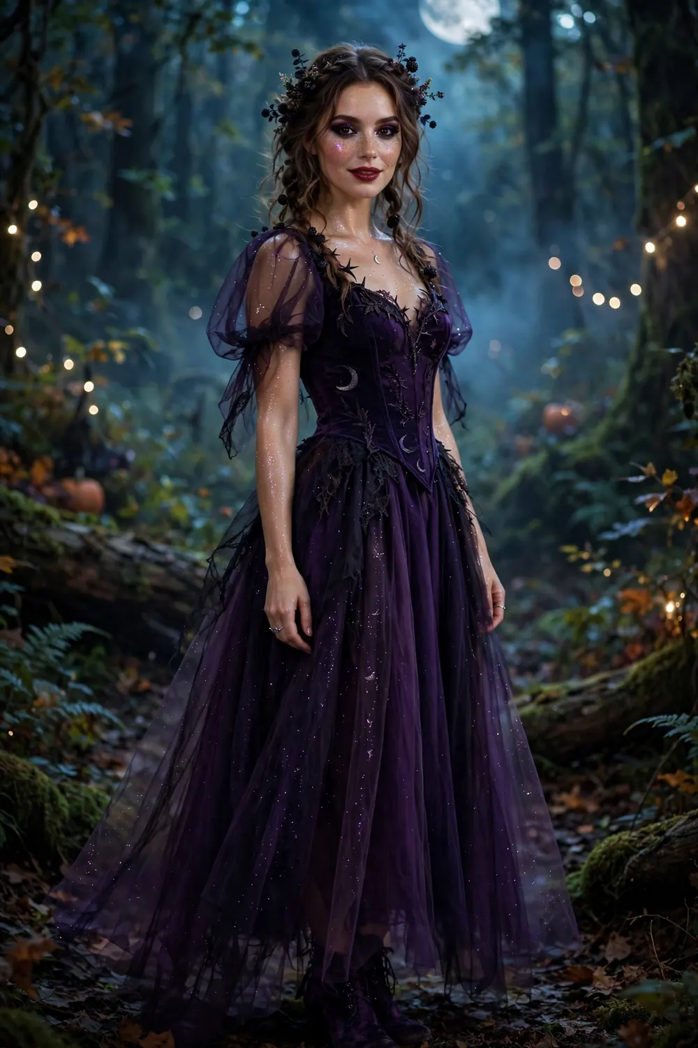 Woman dressed as a dark fairy in a deep purple dress with glittery makeup
