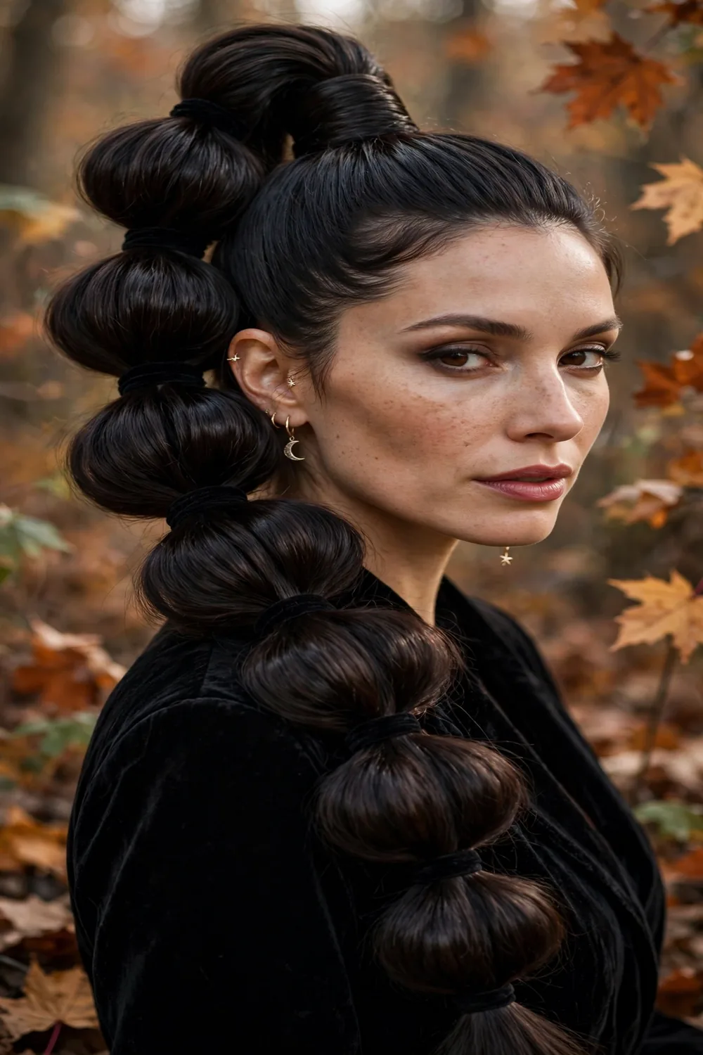 Bubble braid witch ponytail with black ribbon styled on long dark hair for Halloween
