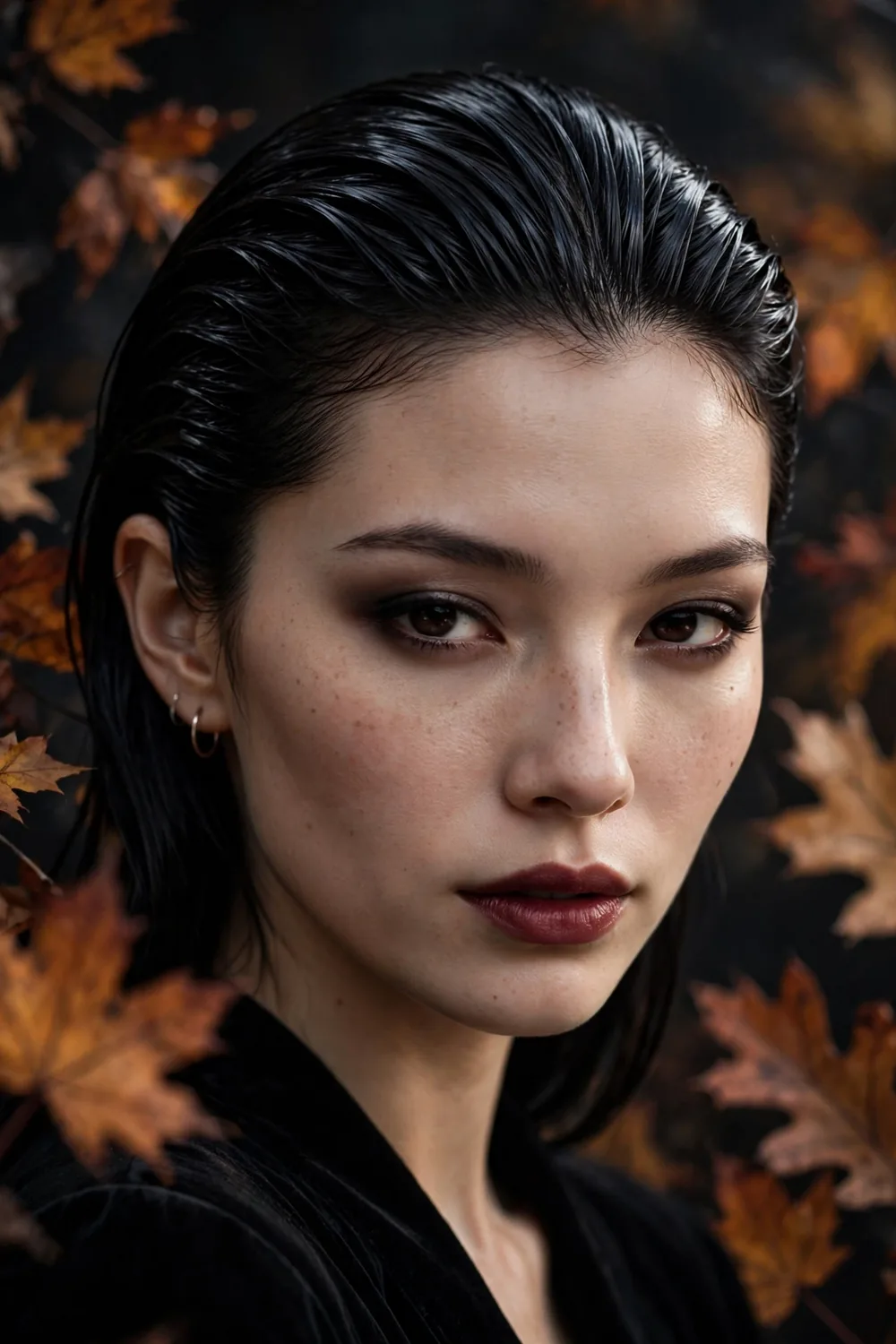 Sleek vampire slick back hairstyle with glossy black hair combed straight back