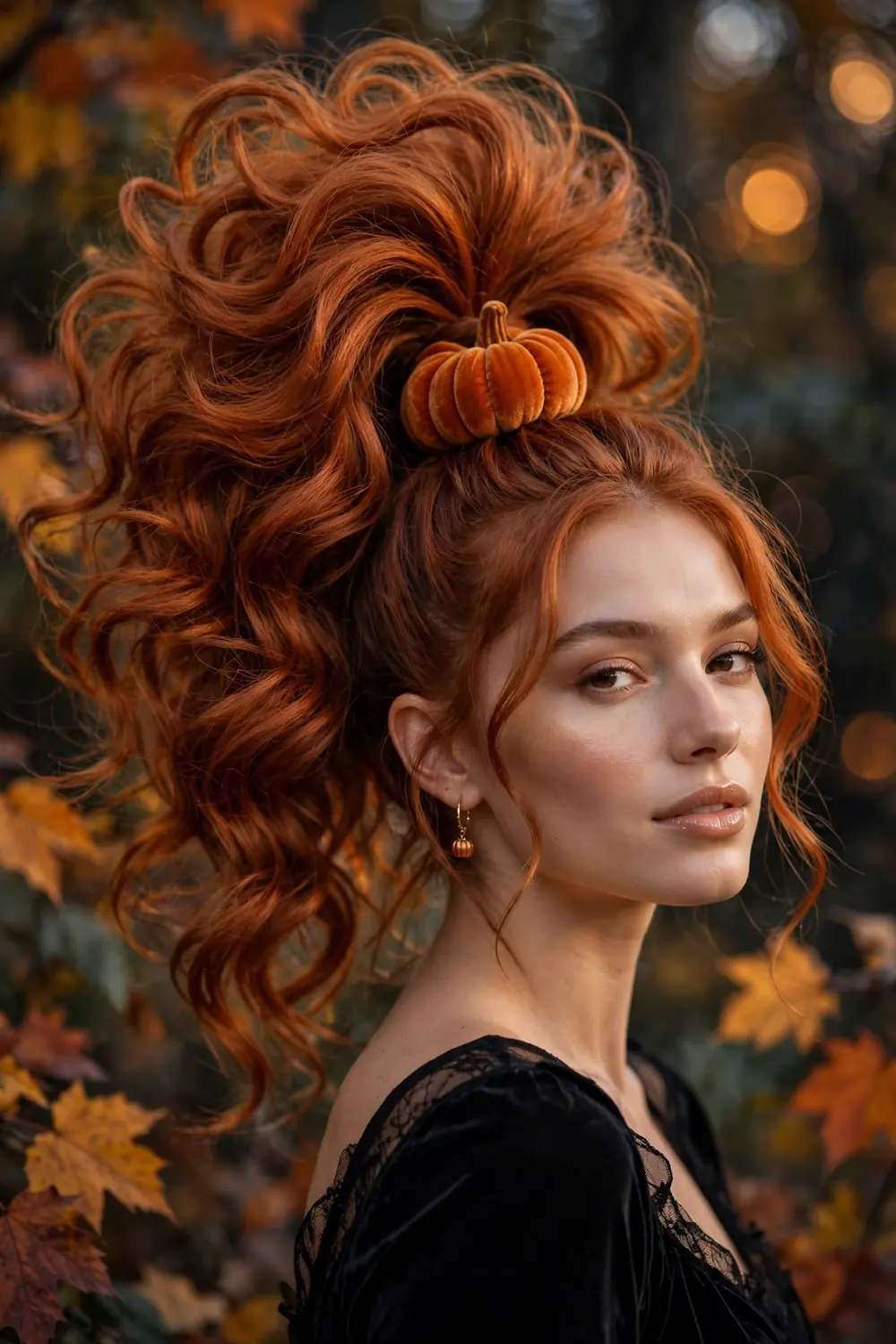 High pumpkin ponytail with orange ribbon and voluminous curled ends for Halloween