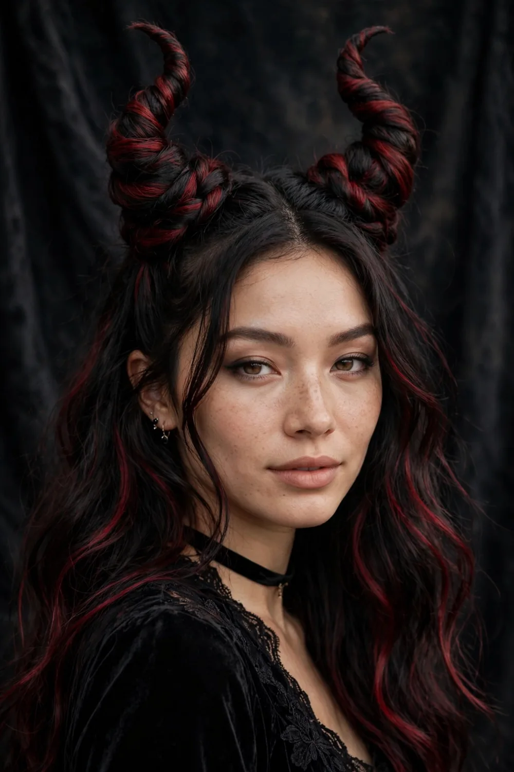 Twisted devil horn buns shaped into pointed horns on top of the head for Halloween