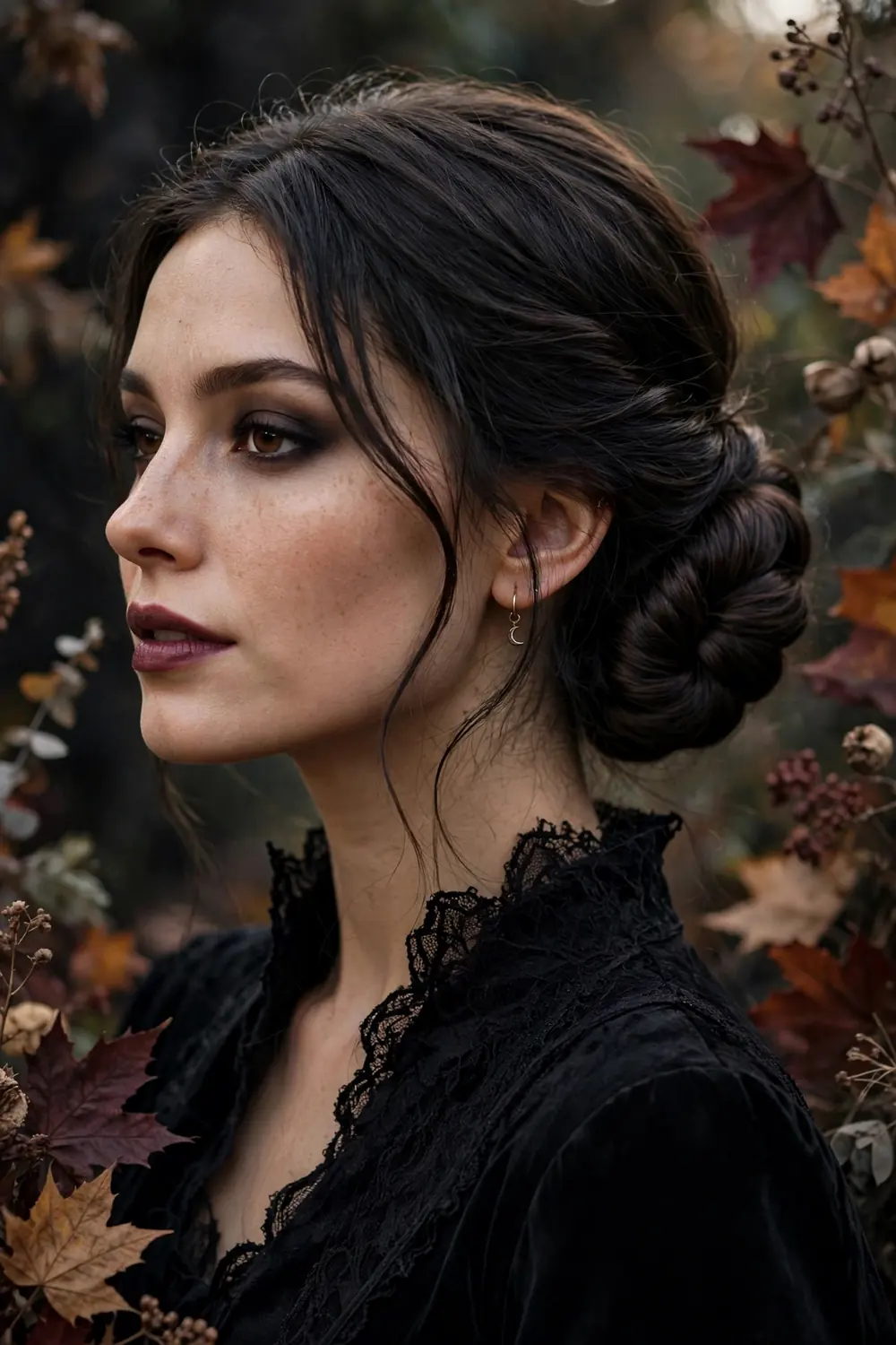 Gothic low chignon with smooth dark hair twisted into an elegant low bun for Halloween