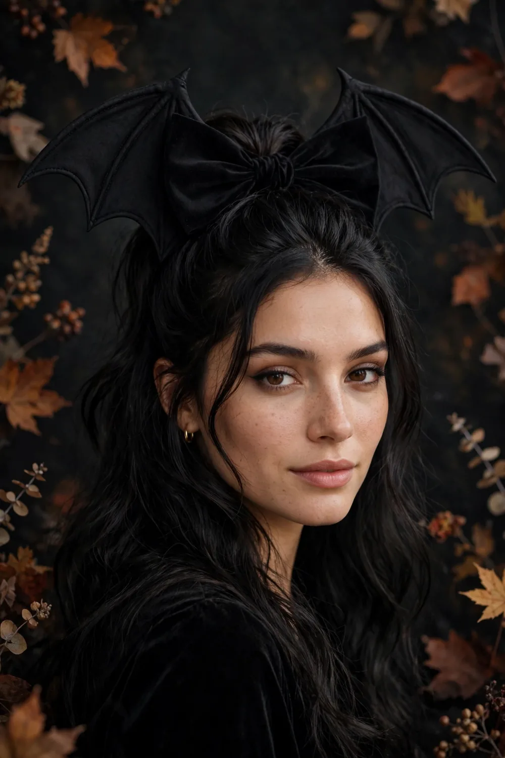 Half up bat bow hairstyle with hair tied into a bow shape resembling bat wings for Halloween