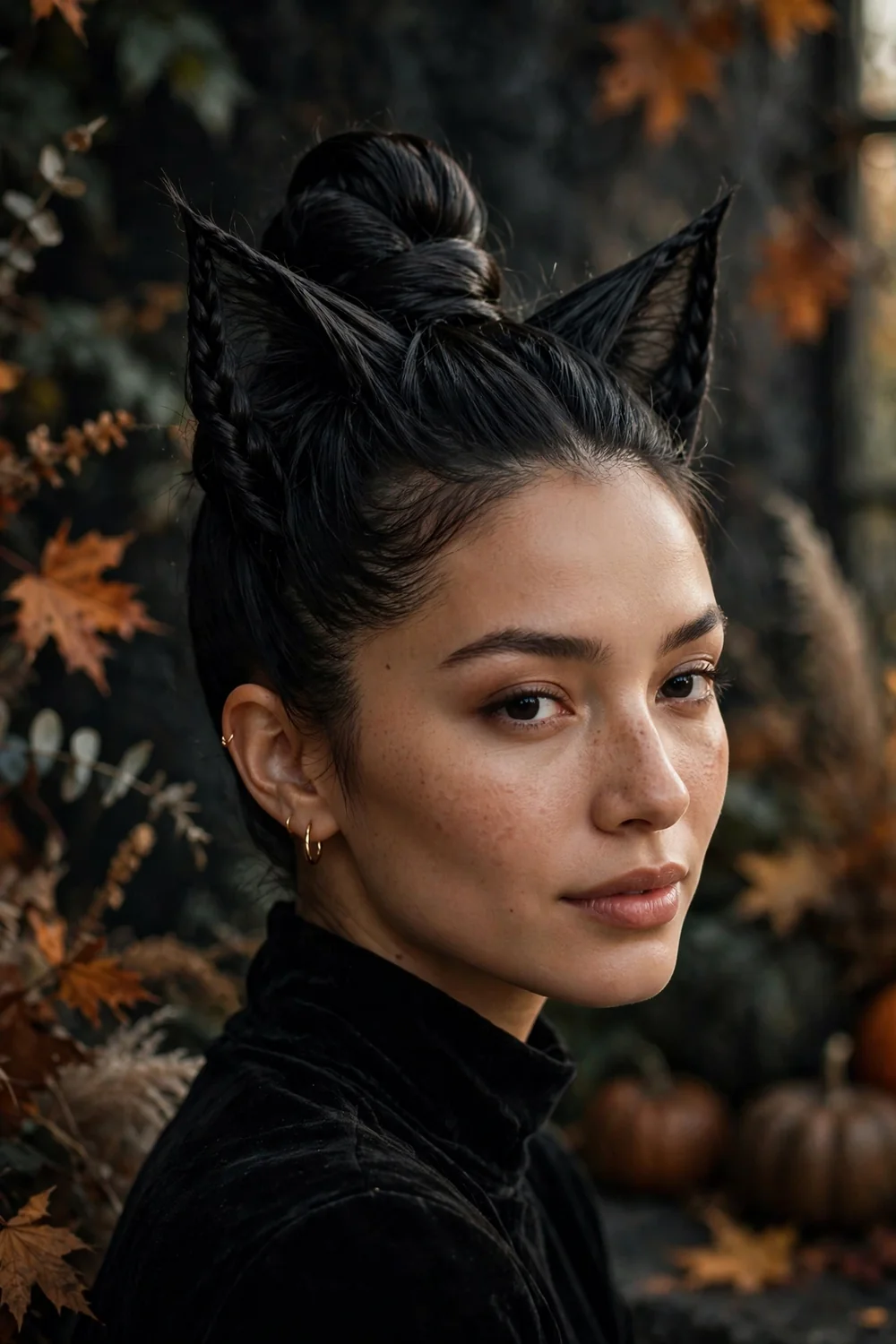 Sleek cat ear top knot with pointed twisted buns resembling cat ears for Halloween