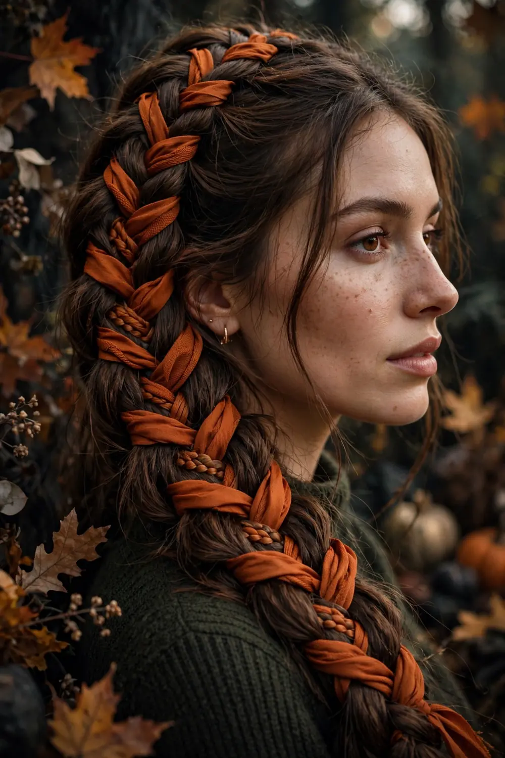 Fishtail braid with orange ribbon woven through long hair for a festive Halloween look