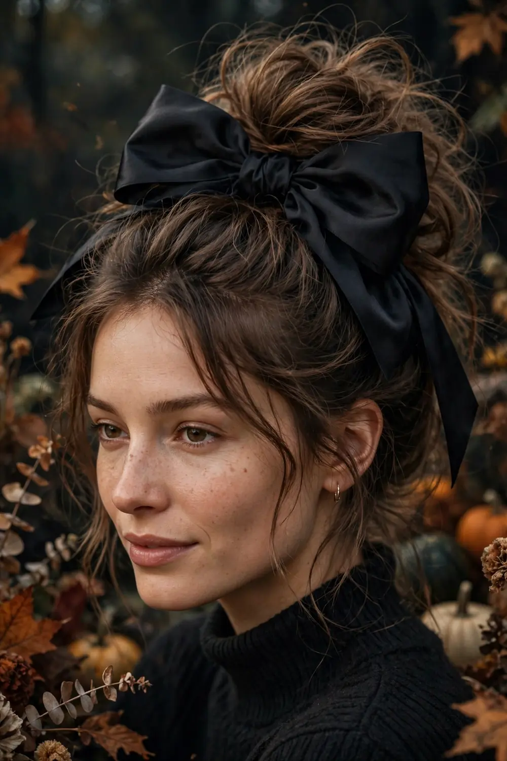 Undone top knot with black bow accessory and relaxed texture for Halloween