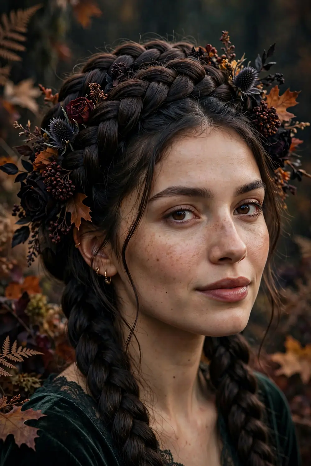 Dark romantic milkmaid braids wrapped across the crown with moody styling for Halloween