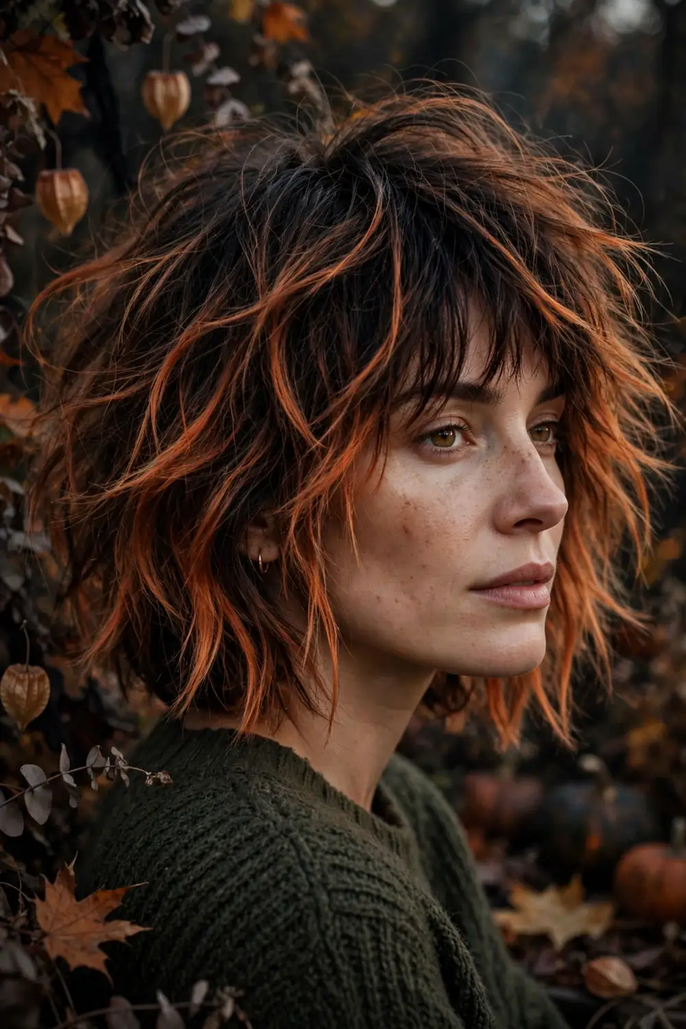 Tousled shag haircut with dark roots and textured layers for an edgy Halloween look