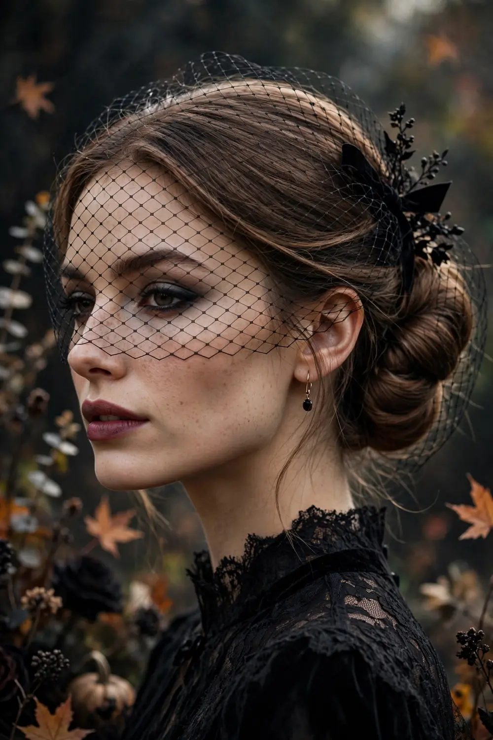 Elegant low bun with birdcage veil accessory for a mysterious Halloween costume