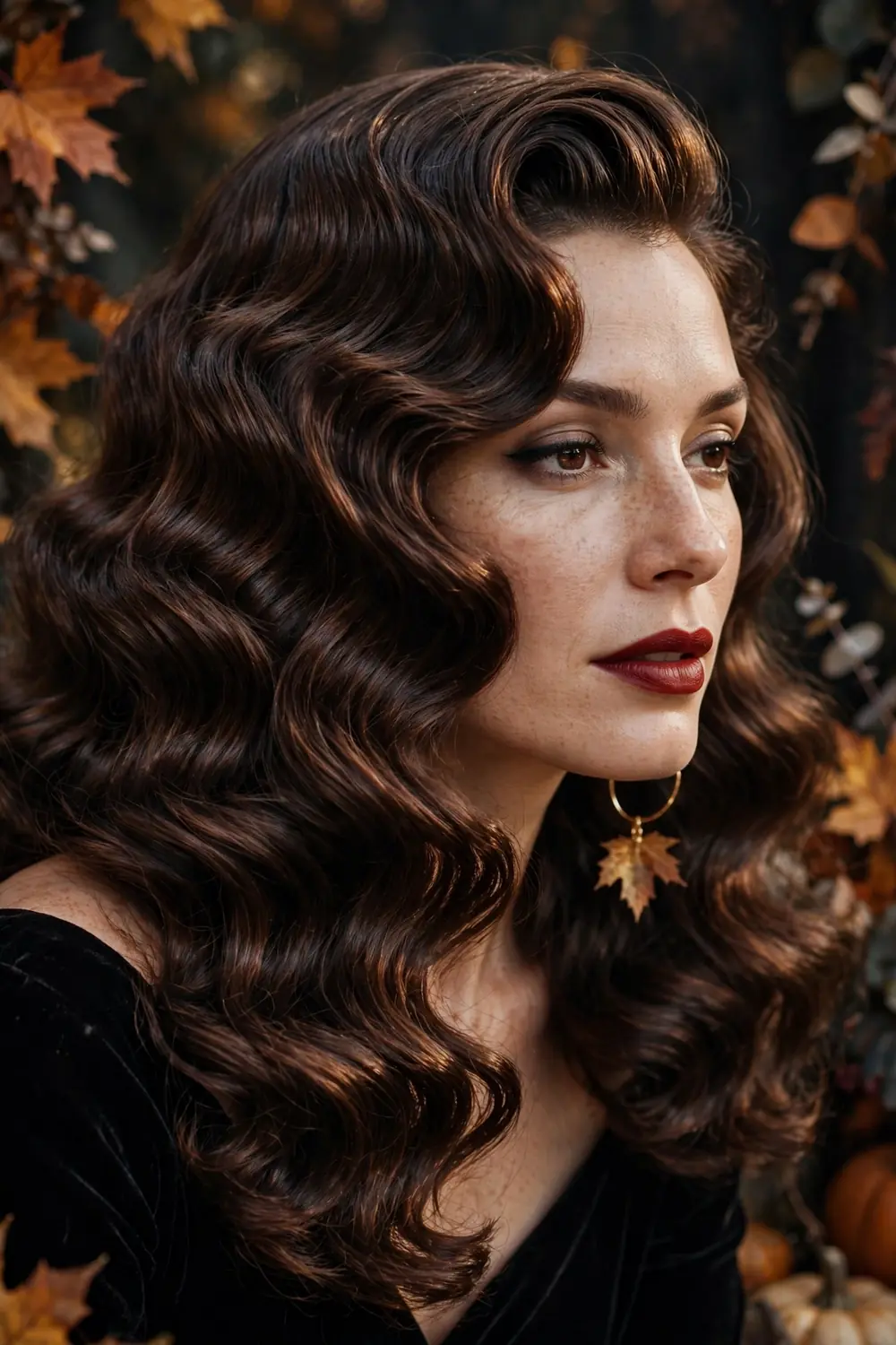 Old Hollywood glam waves with sculpted side parted waves for Halloween
