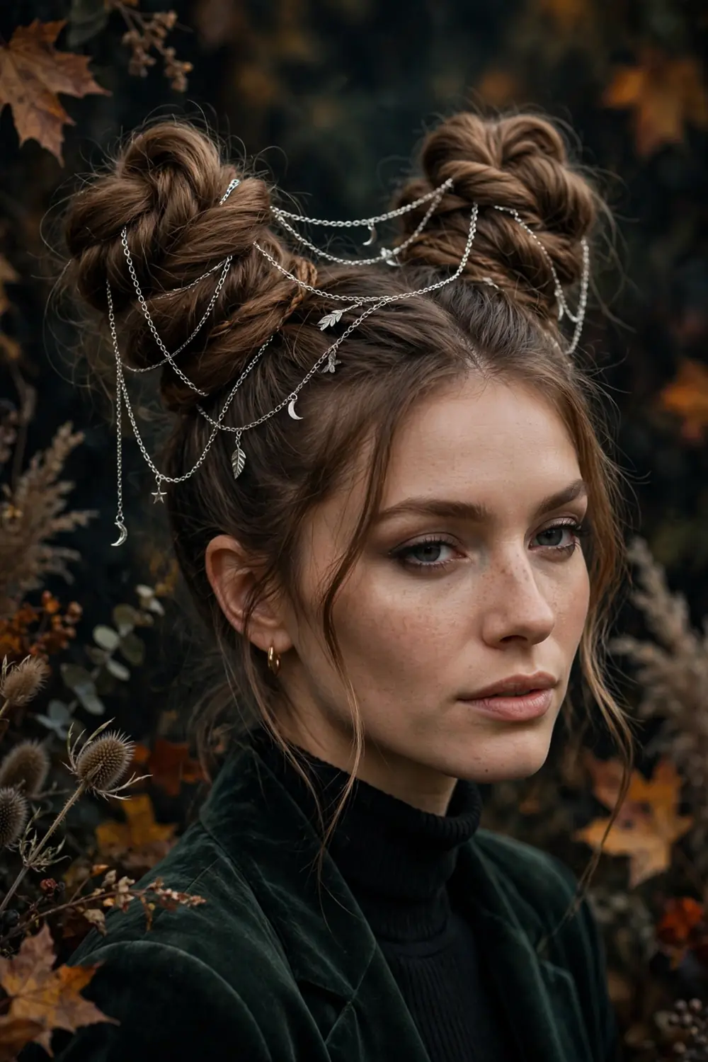 Twisted space buns wrapped with delicate chains for an edgy Halloween hairstyle