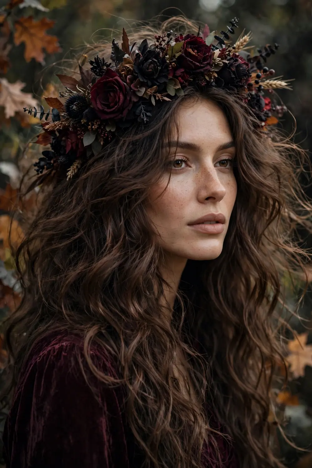 Loose boho waves with dark floral crown and romantic texture for Halloween