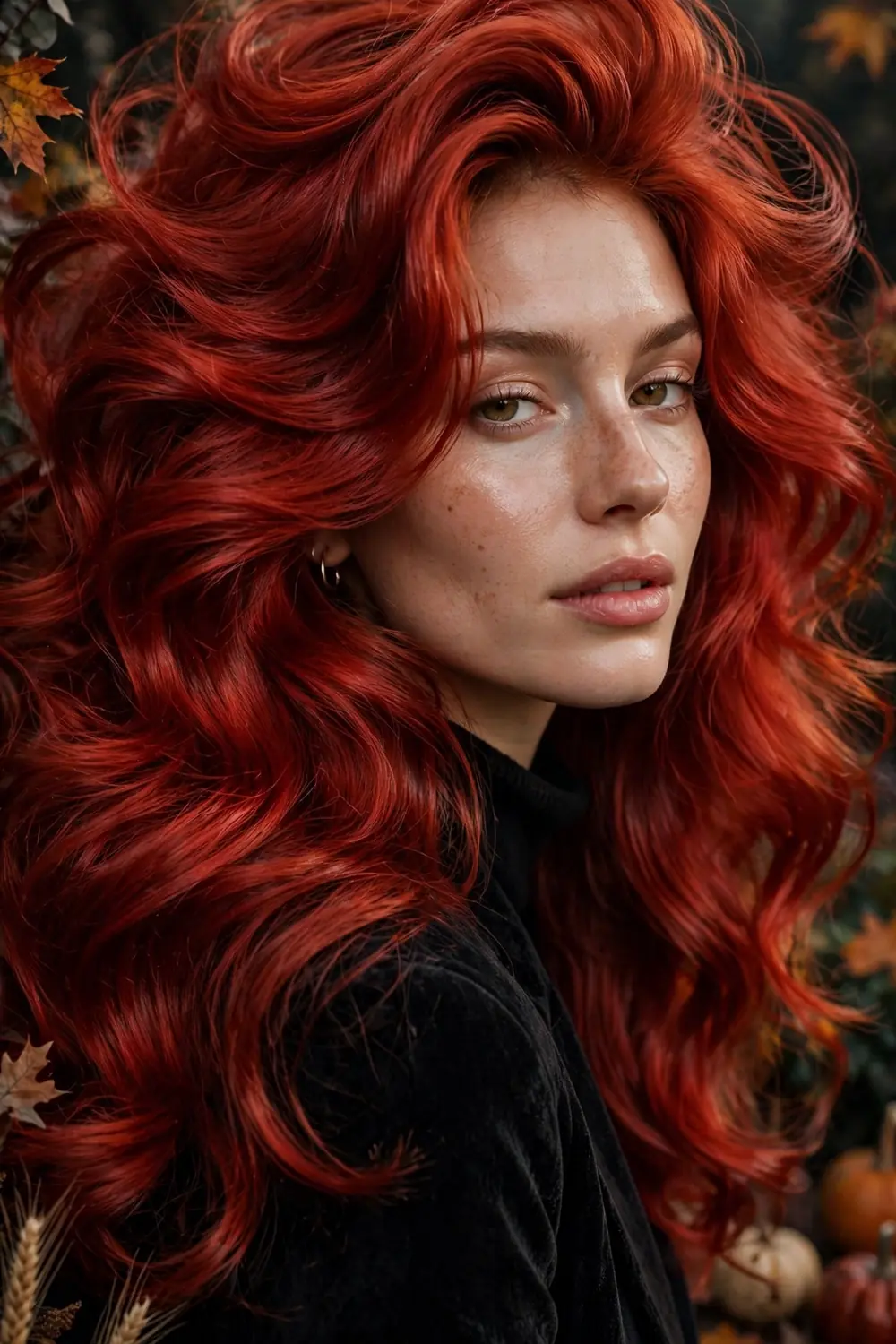 Candy apple red sleek blowout with glossy vibrant red hair and smooth finish for Halloween