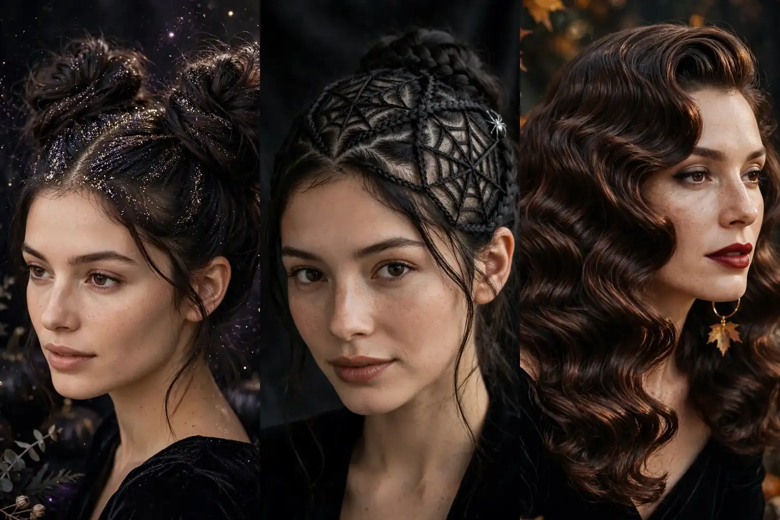 Collage of three Halloween hairstyle looks for women