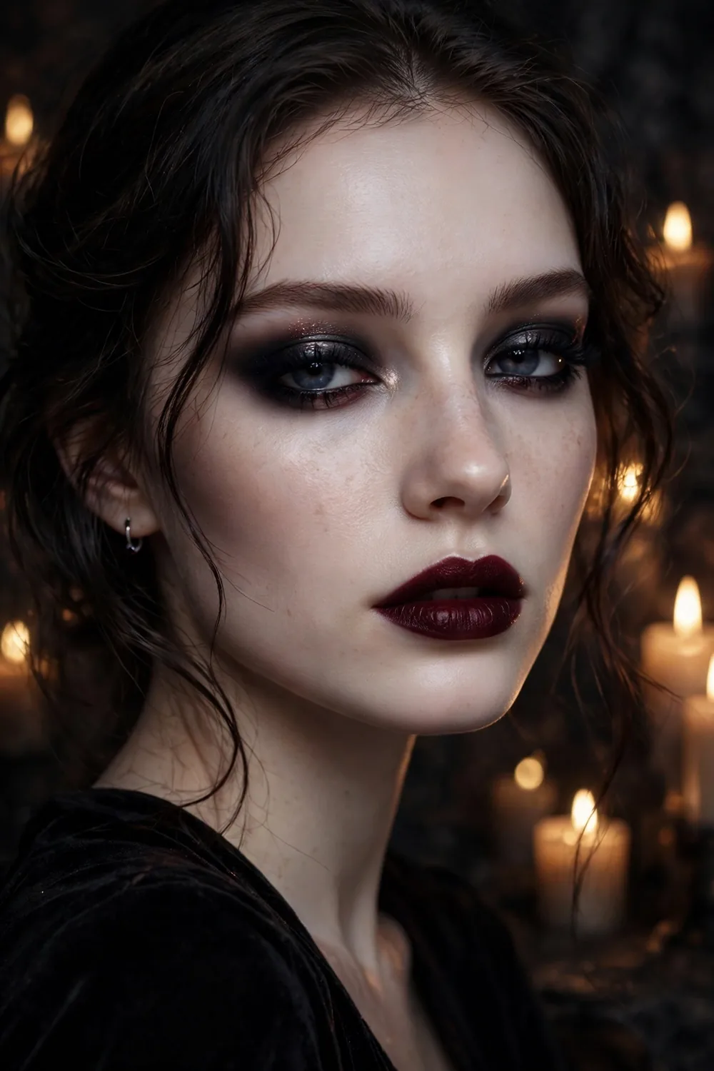 Soft glam vampire Halloween makeup with smoky plum eyeshadow and deep red lips