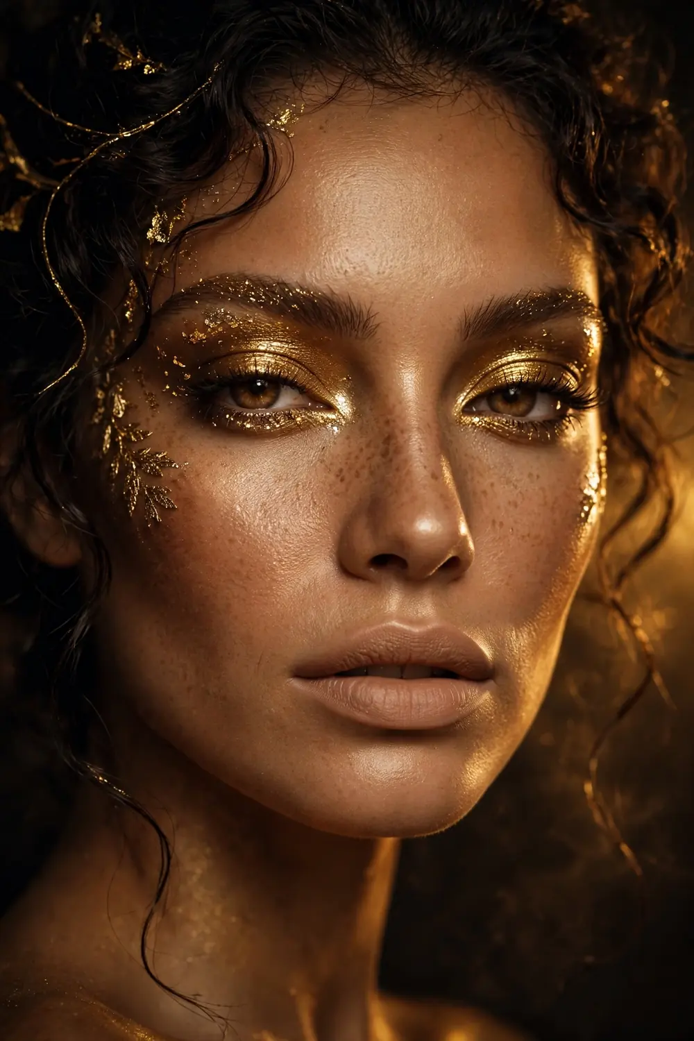 Golden goddess Halloween makeup with shimmering gold eyeshadow and glowing bronzed skin