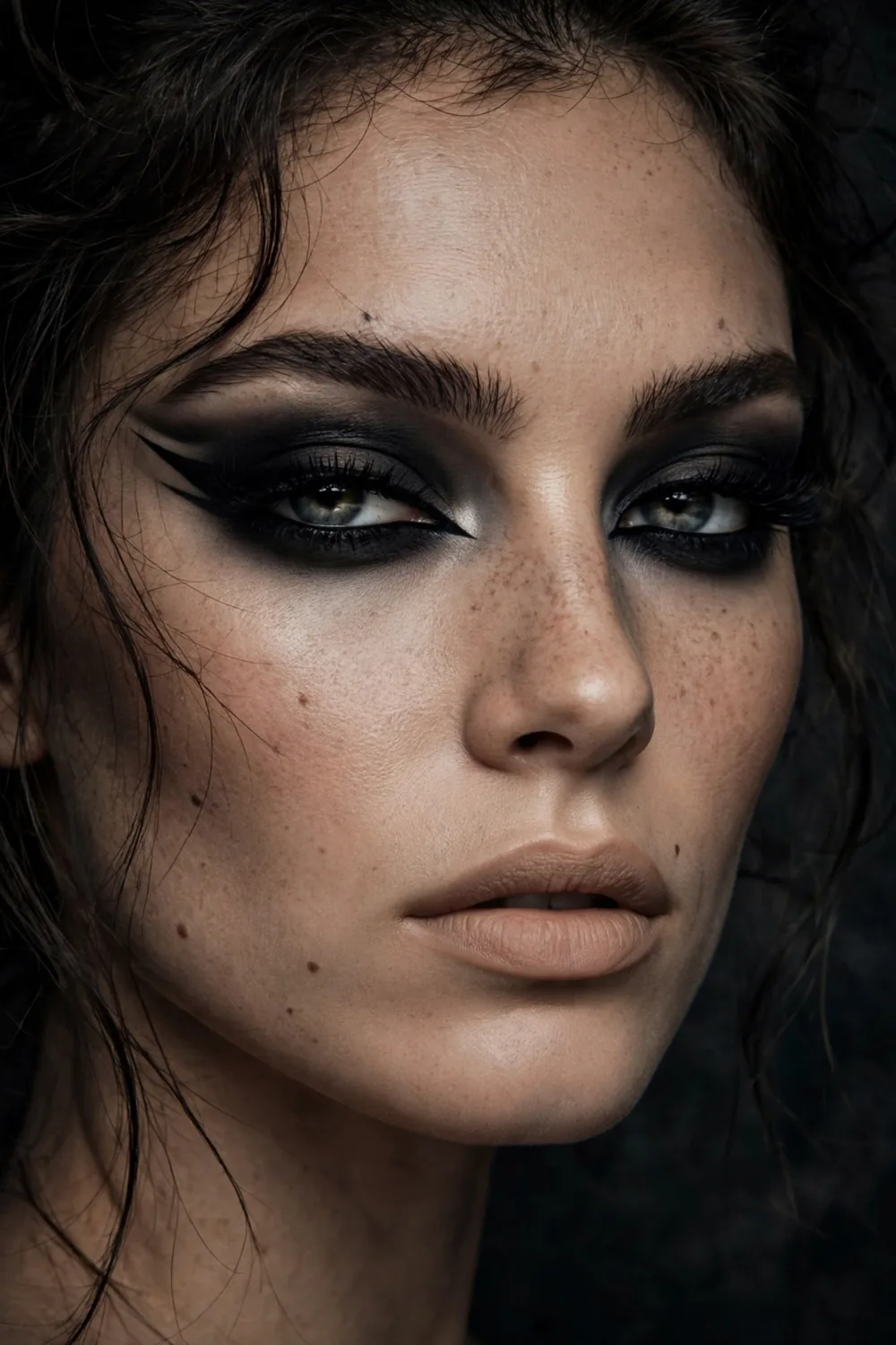 Smoky cat eye Halloween makeup with dramatic winged eyeliner and dark blended eyeshadow
