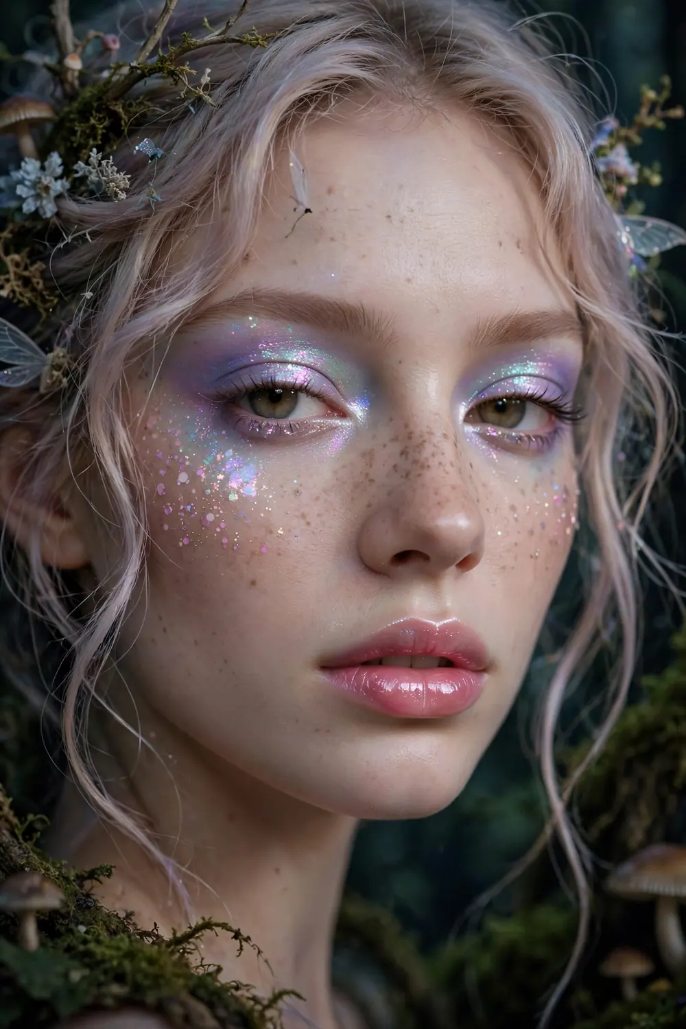 Ethereal fairy Halloween makeup with pastel shimmer and delicate glitter accents