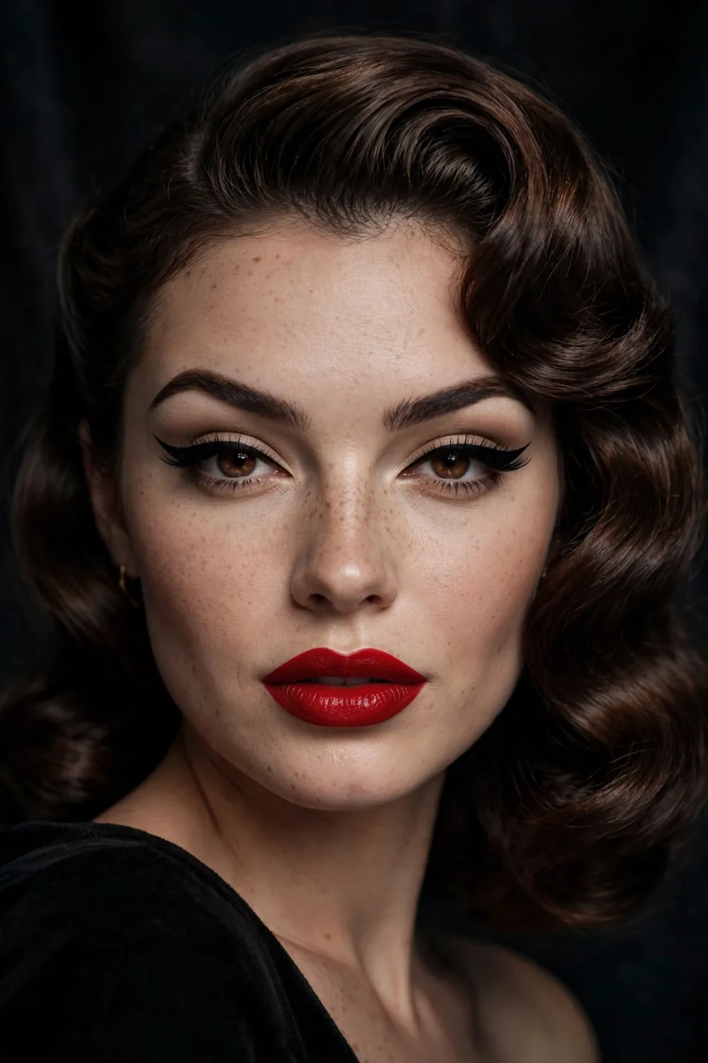 Classic red lip pinup Halloween makeup with vintage waves and bold crimson lips