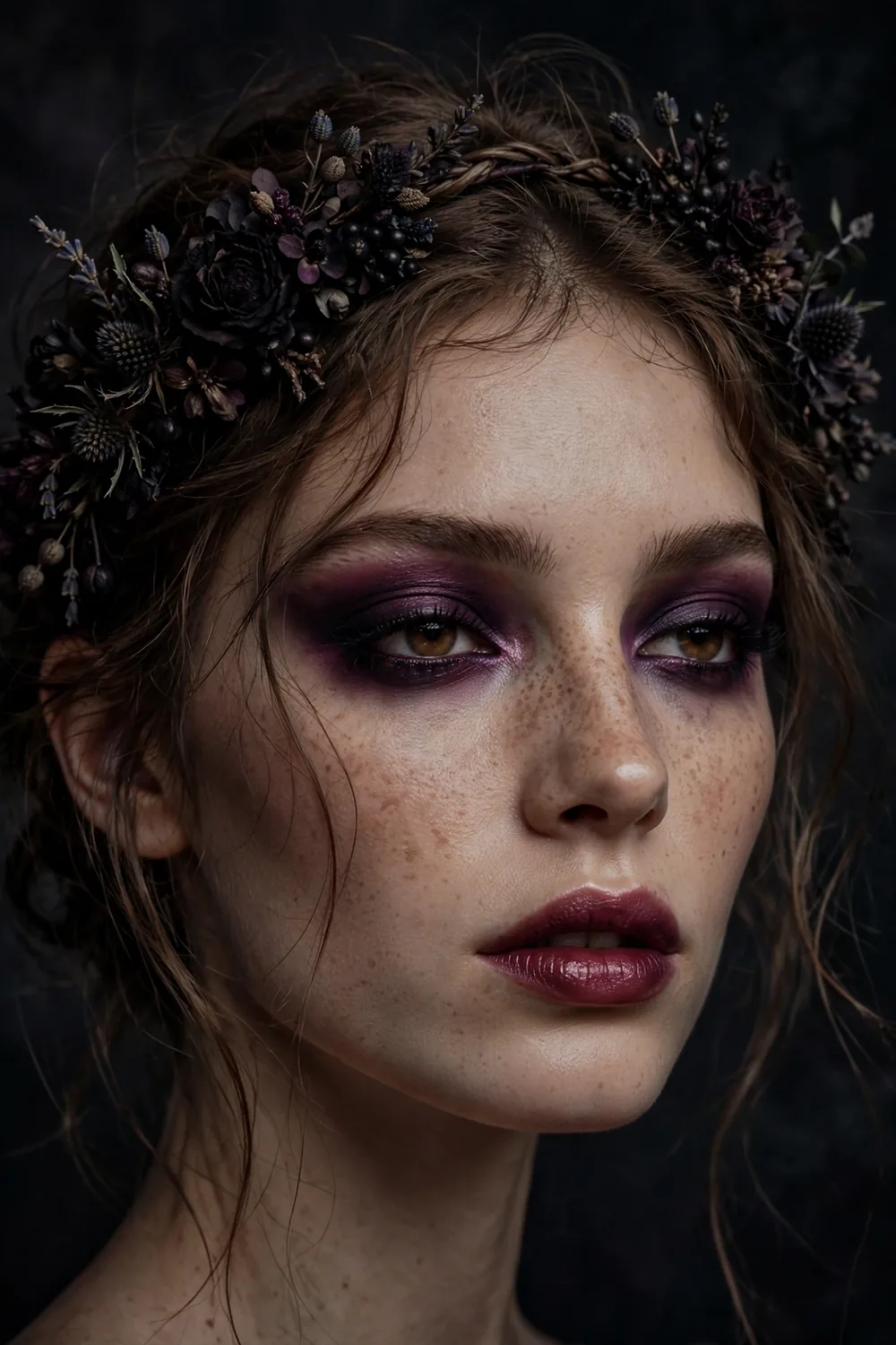 Dark floral crown Halloween makeup with moody burgundy lips and deep smoky eyes