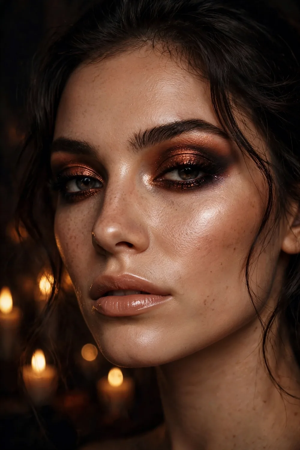 Copper smokey eye Halloween makeup with warm metallic eyeshadow and nude lips