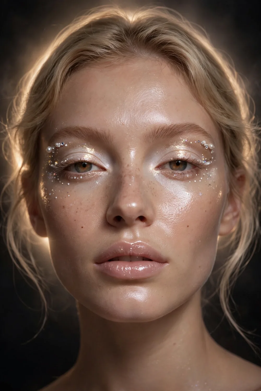 Angelic glow Halloween makeup with luminous skin and soft champagne highlighter