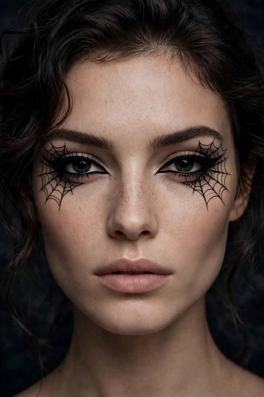 Spider web liner Halloween makeup with intricate web eyeliner design and bold lashes