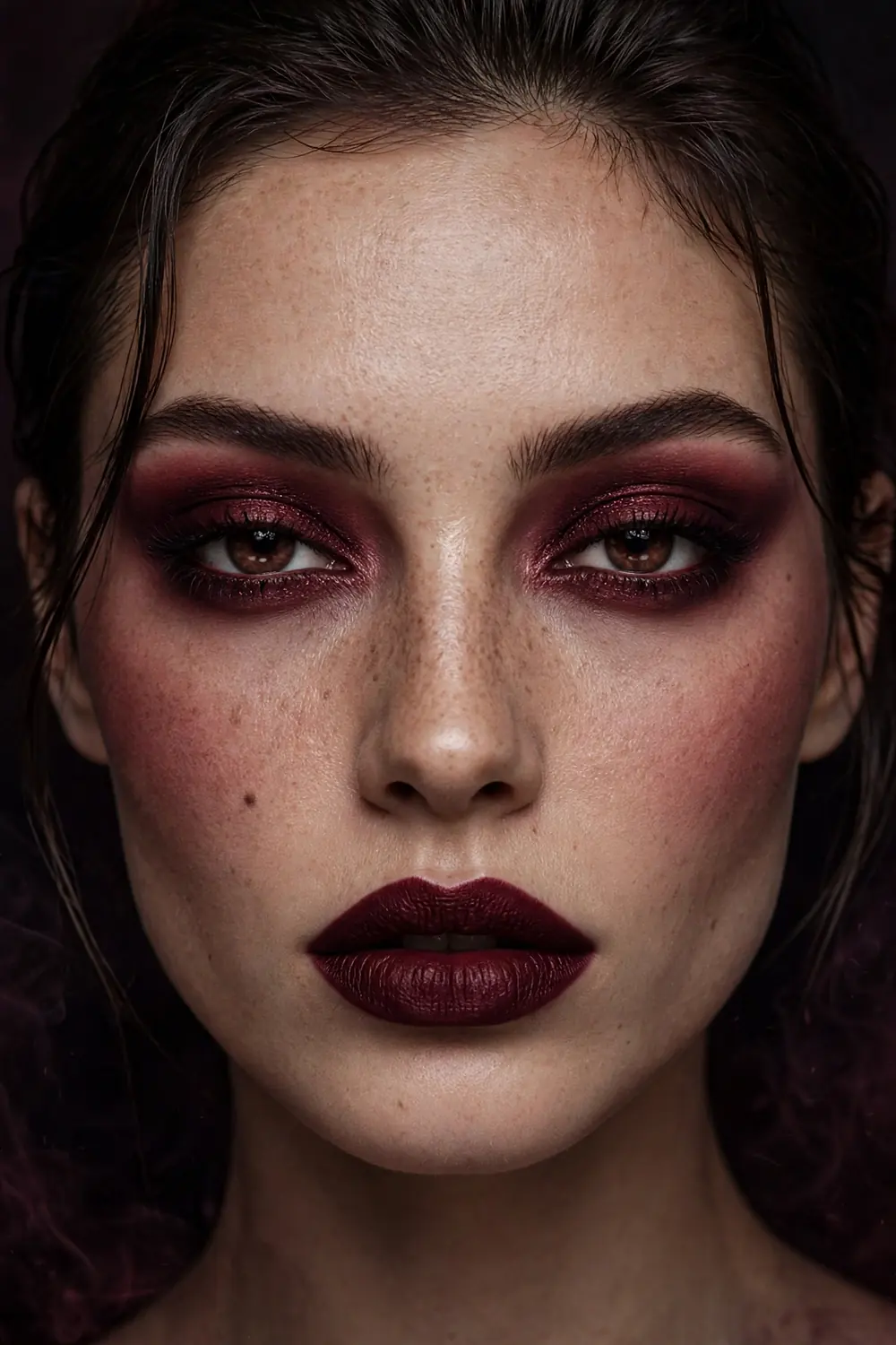 Burgundy everything Halloween makeup with matching wine lips and smoky burgundy eyes