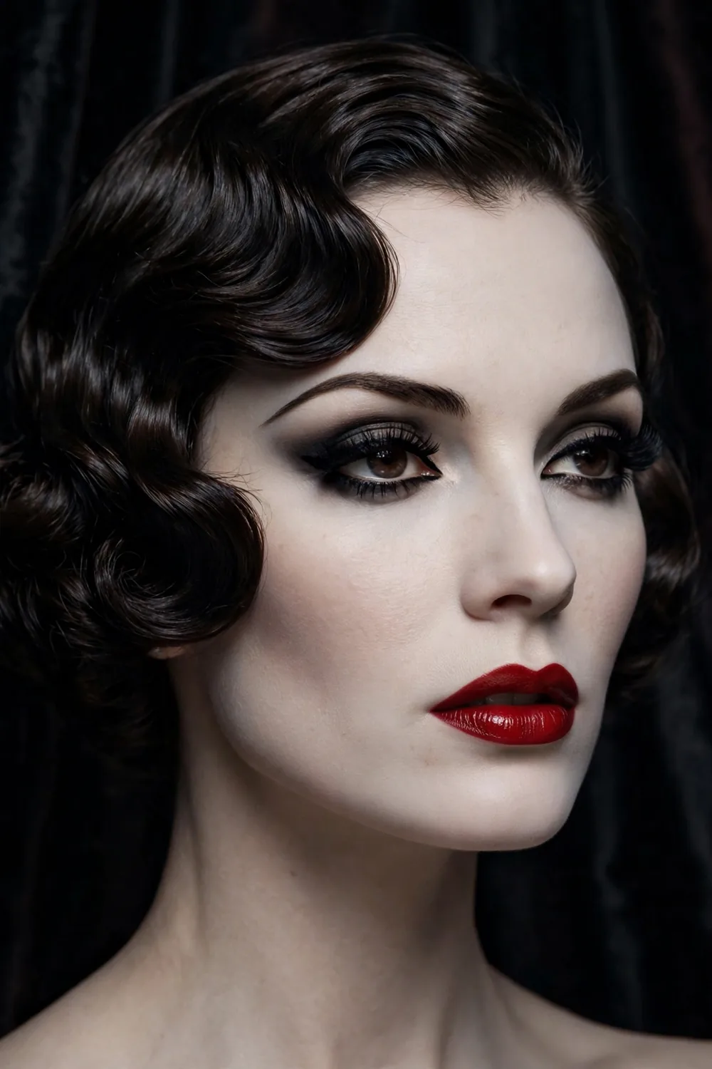 Vintage Hollywood starlet Halloween makeup with classic red lips and elegant winged liner