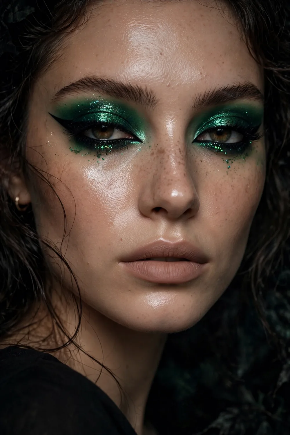 Emerald green eyes Halloween makeup with jewel toned eyeshadow and sharp black liner