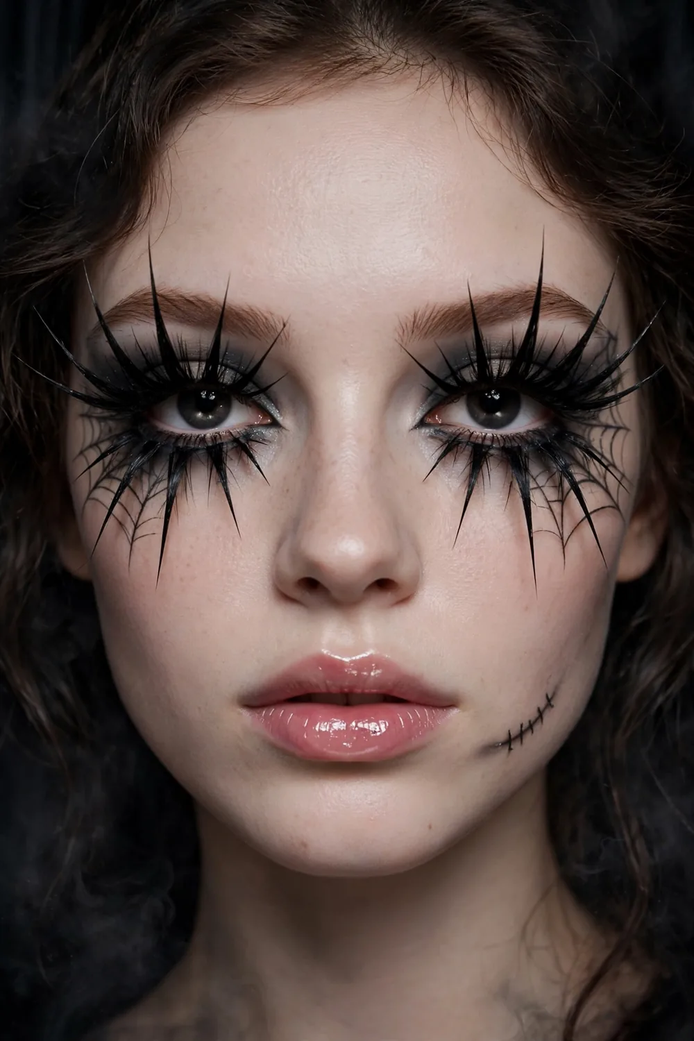 Spider lash doll Halloween makeup with spiky separated lashes and rosy cheeks