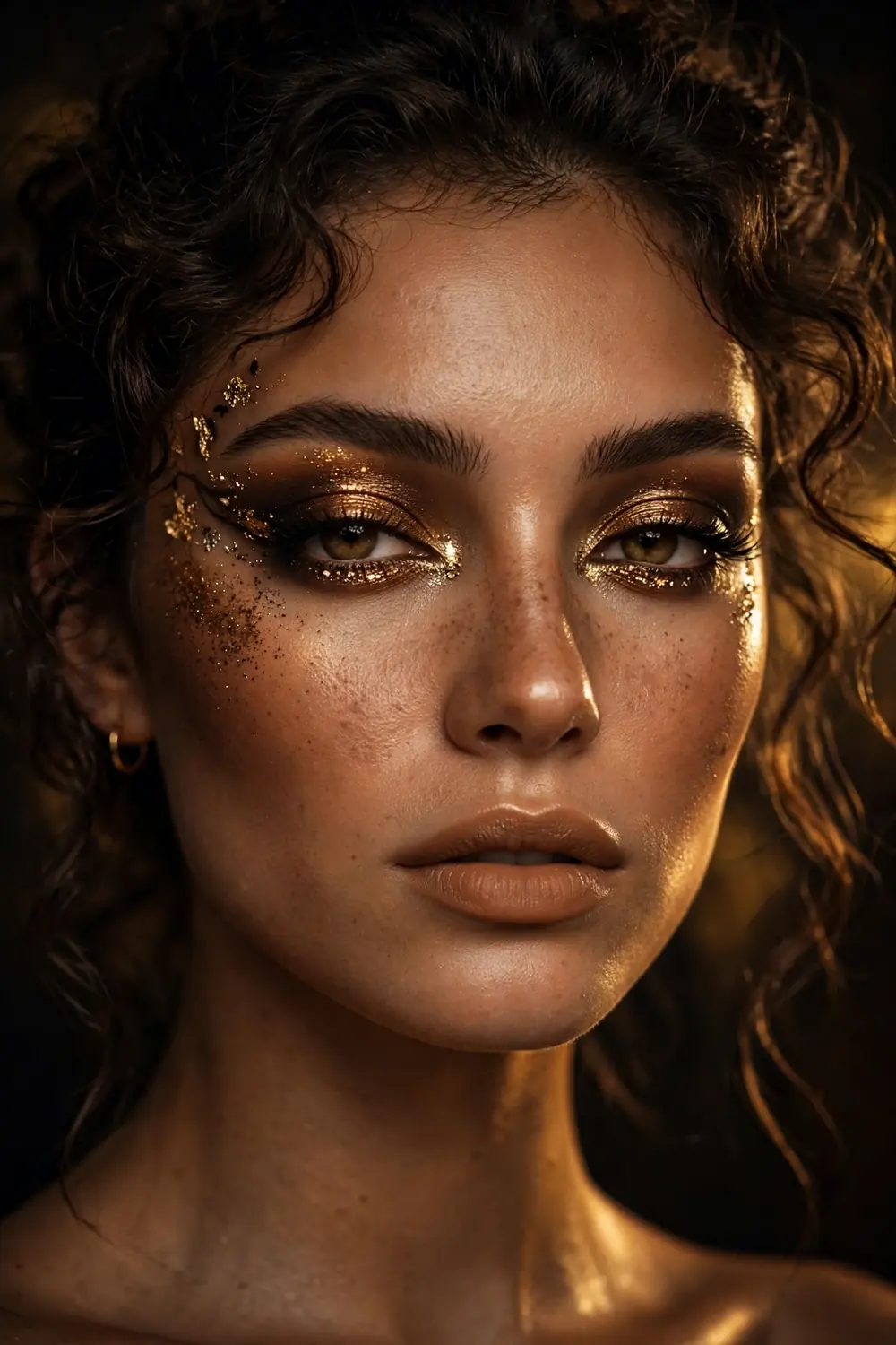 Bronze goddess Halloween makeup with sun kissed bronze skin and shimmering lids