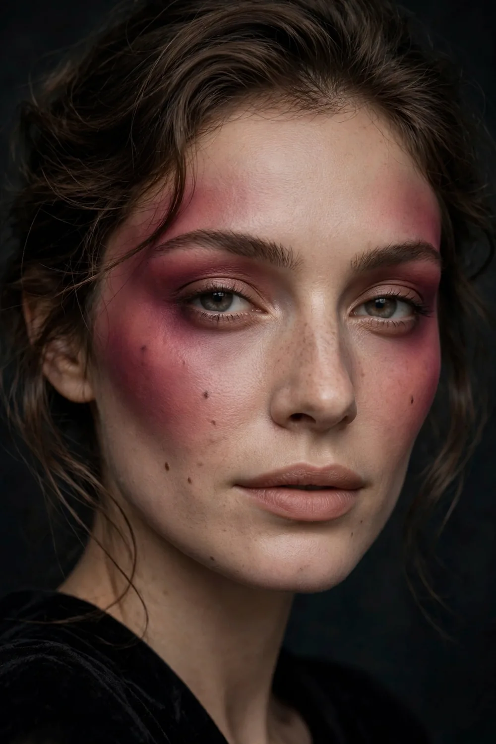 Haunted blush draping Halloween makeup with dramatic swept blush and ghostly glow