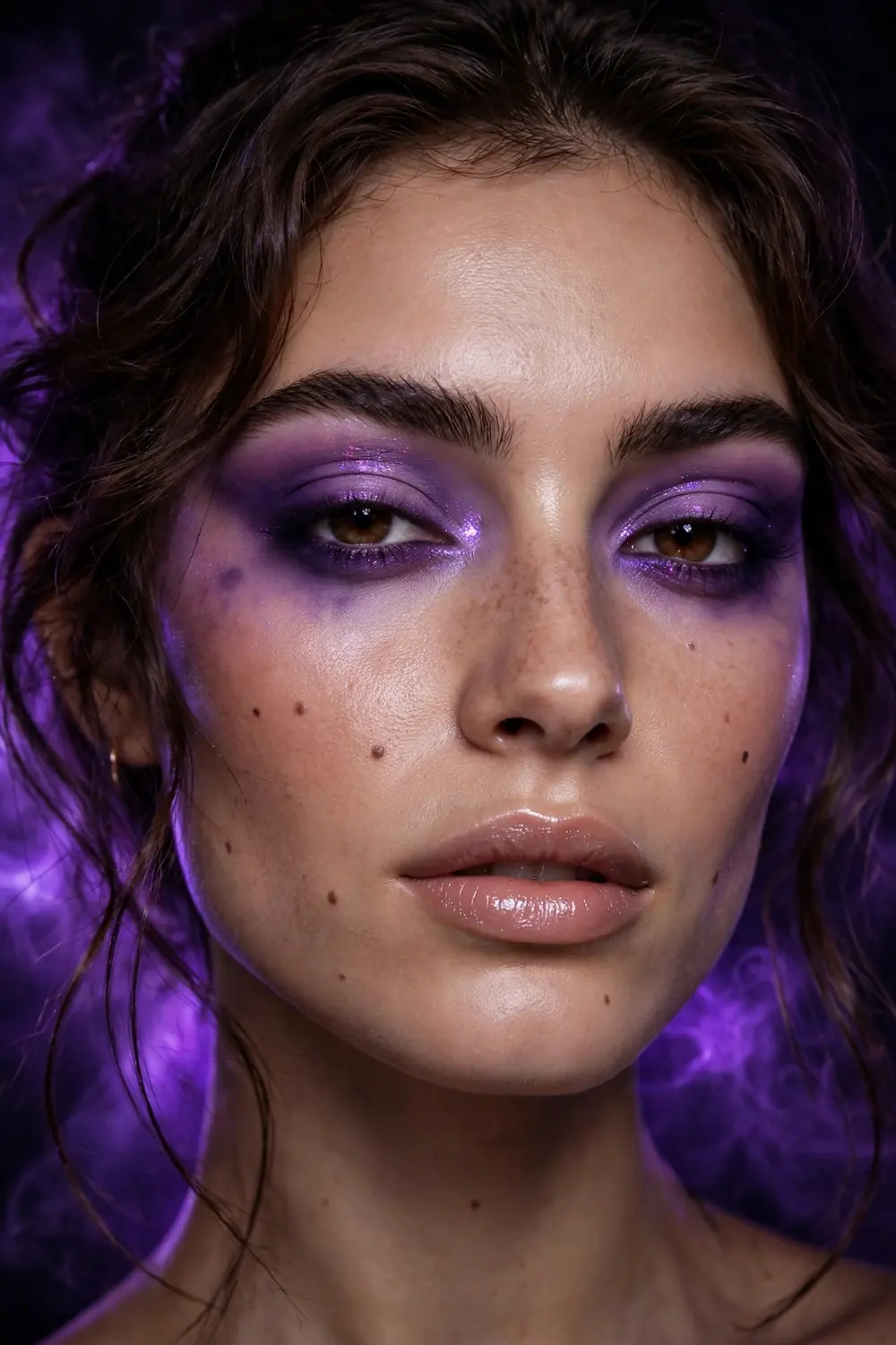 Purple haze eyes Halloween makeup with dreamy violet eyeshadow and glossy lips
