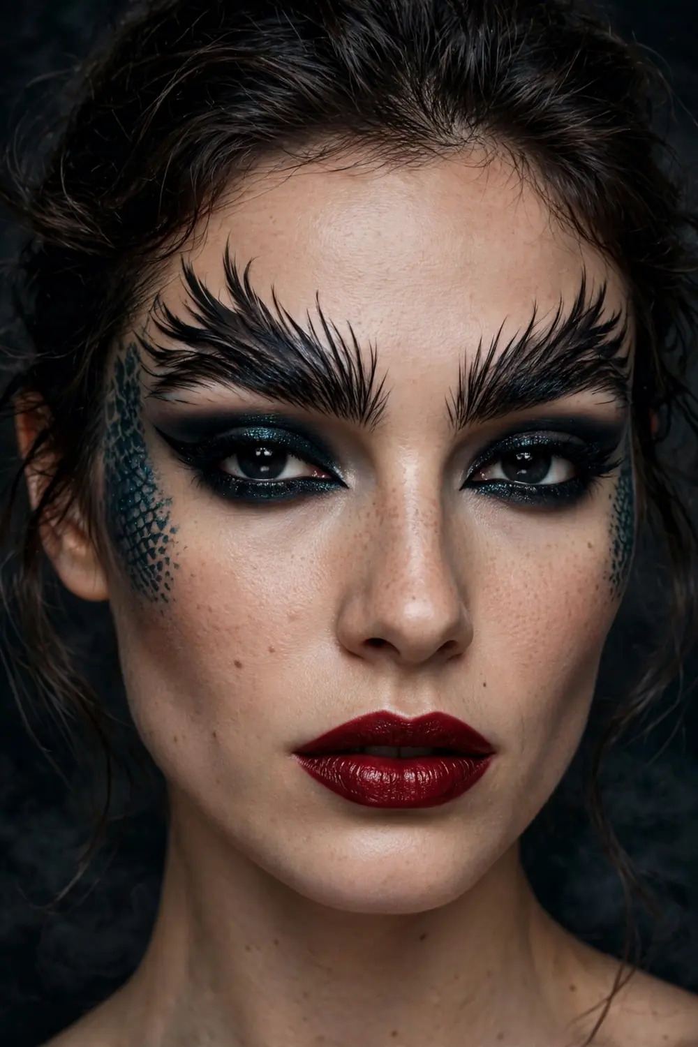 Feathered brow siren Halloween makeup with bold brushed brows and sultry nude makeup