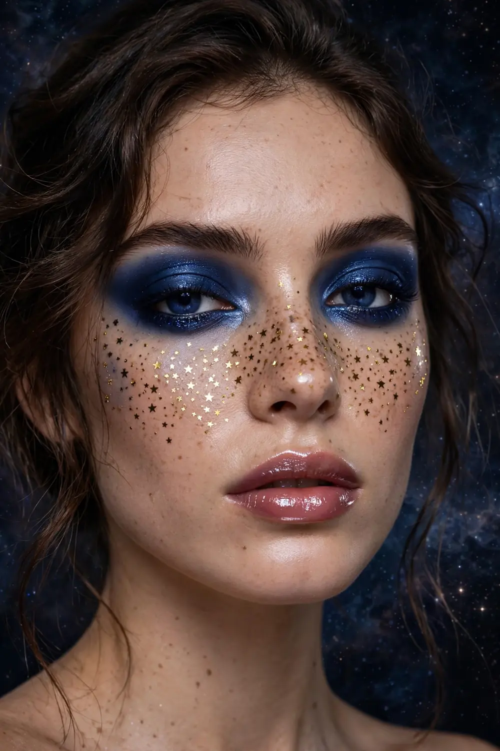 Cosmic star freckles Halloween makeup with hand drawn star freckles and glitter accents