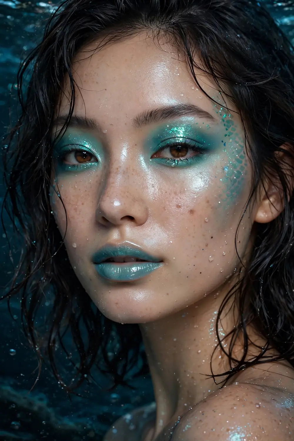 Mermaid shimmer Halloween makeup with iridescent blue green scales and glossy lips